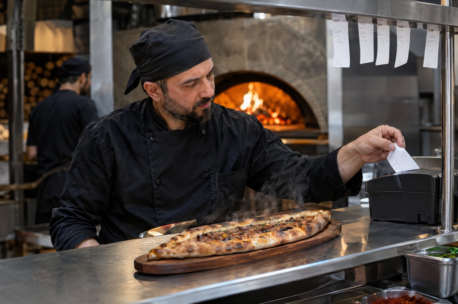 Pide fırınının önünde yazıcıdan çıkan sipariş fişini alan usta